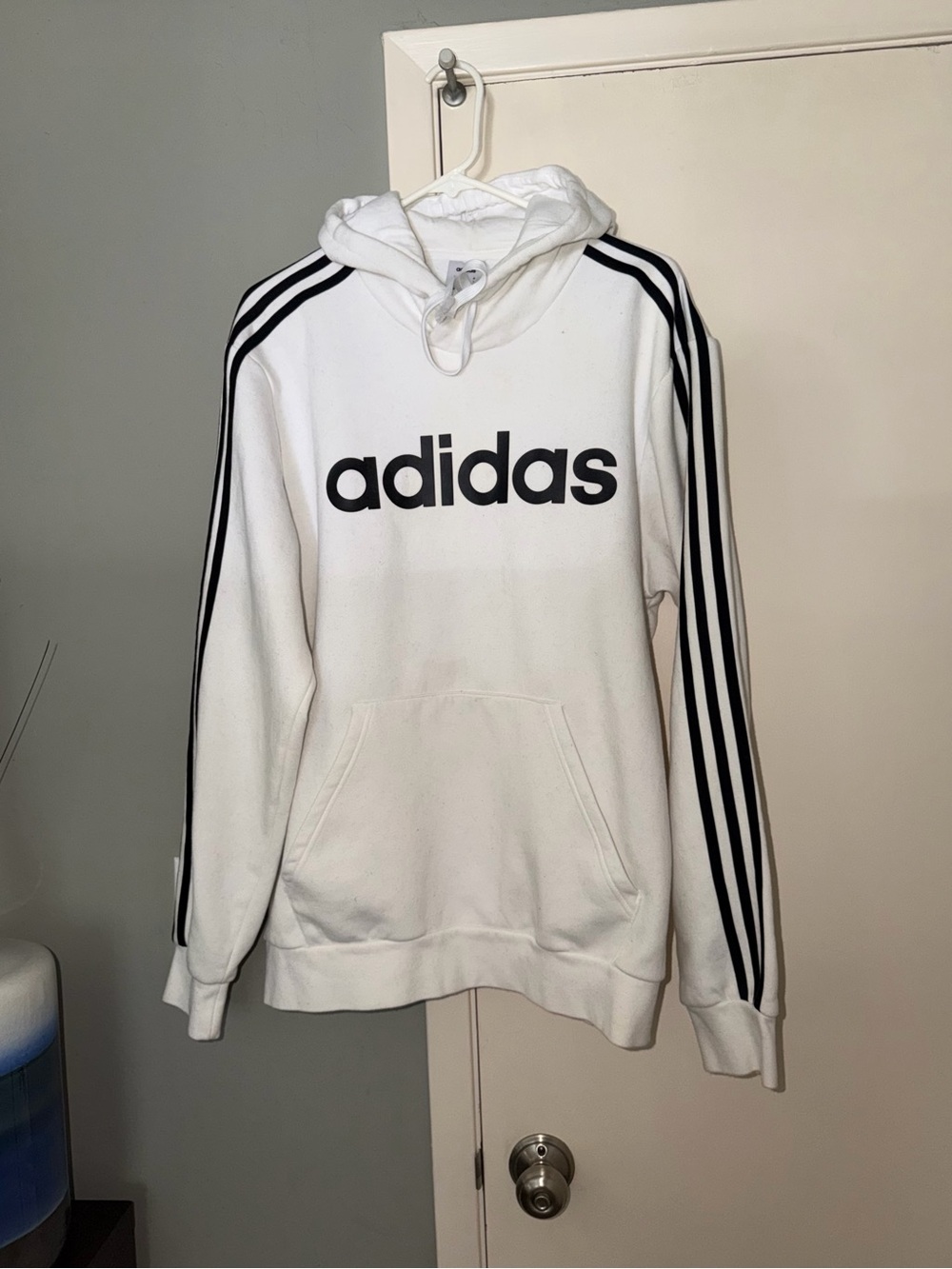 adidas White Hoodie with Black Logo & Stripes